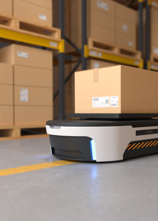 Een robot vervoert een pakketje in een magazijn